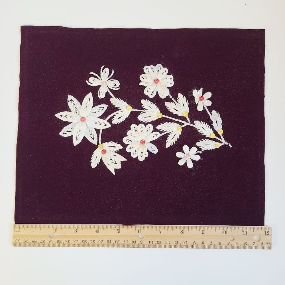 Handcrafted Floral Applique On Deep Burgundy Velvet 1970's White Petals Sequence - Picture 3 of 11